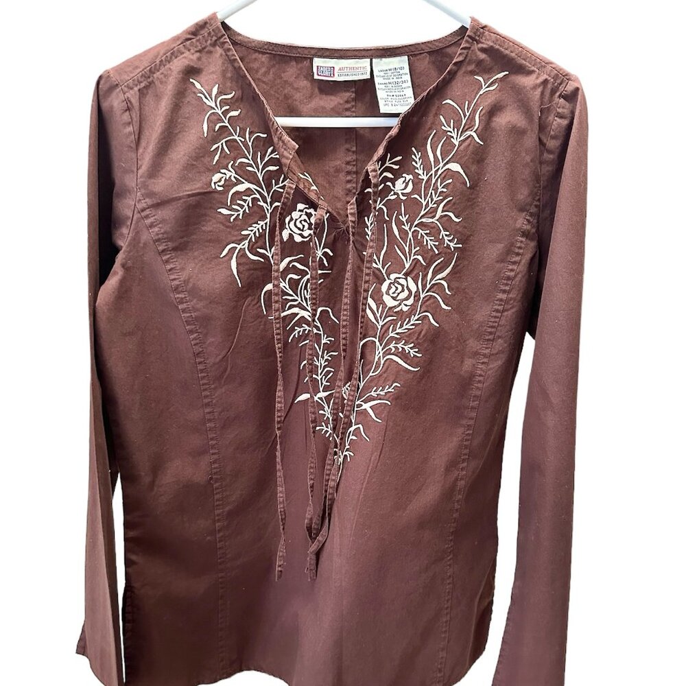 Faded Glory Women Blouse Brown Size Medium (8/10) Front Embroidery Long Sleeves